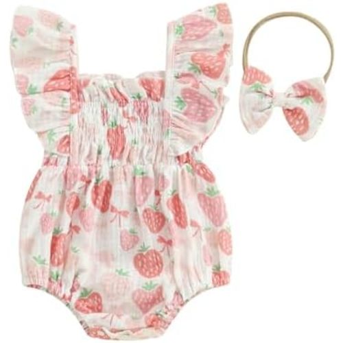 Baby Girl Ruffle Bubble Romper Smocked Flutter Sleeve Bodysuit with Bow Infant Summer Clothes
