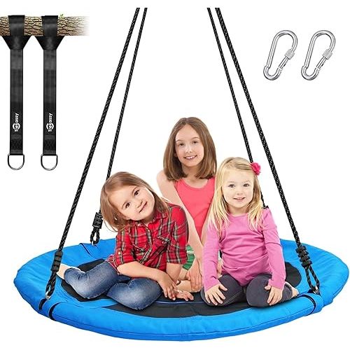 Trekassy 700lb 40 Inch Saucer Tree Swing for Kids Adults Outdoor 900D Oxford Waterproof with 2pcs Tree Hanging Straps, Steel Frame and Adjustable Ropes Blue