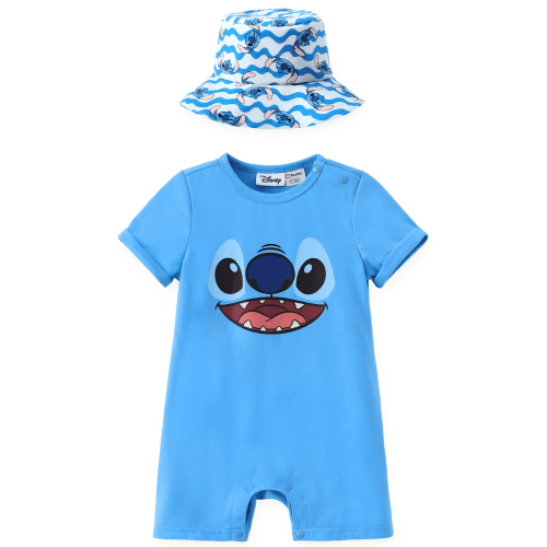 Disney Stitch Baby Boys Blue Short Sleeve Romper Jumpsuits and Bucket Hat 2 Pieces Set Shower Gifts