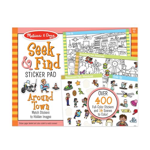 Melissa & Doug Seek and Find Sticker Pad Around Town (400+ Stickers, 14 Scenes to Color) Search and Find Sticker Pads, Arts and Crafts Activity for Kids Ages 4+ - FSC-Certified Materials