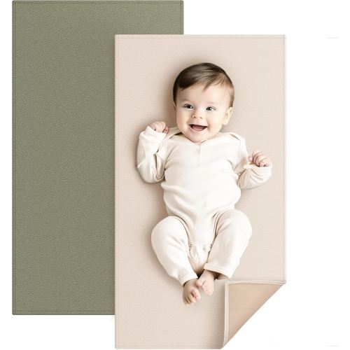 Konssy Faux Leather Baby Changing Mat, Waterproof, Wipeable & Portable Diaper Changing Pad for Travel or Home, Fits Perfectly in Diaper Bag, 30 x 17 inches (Fog Green,Beige)
