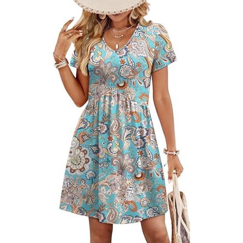 WIHOLL Dresses for Women 2026 Casual Summer V Neck Babydoll Dress Short Sleeve Fashion Beach Vacation Clothes