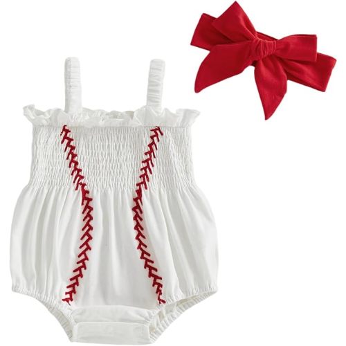 KMBANGI Toddler Newborn Baby Girl Baseball Outfit Sleeveless Smocked Baseball Stitch Romper Summer Clothes with Headband