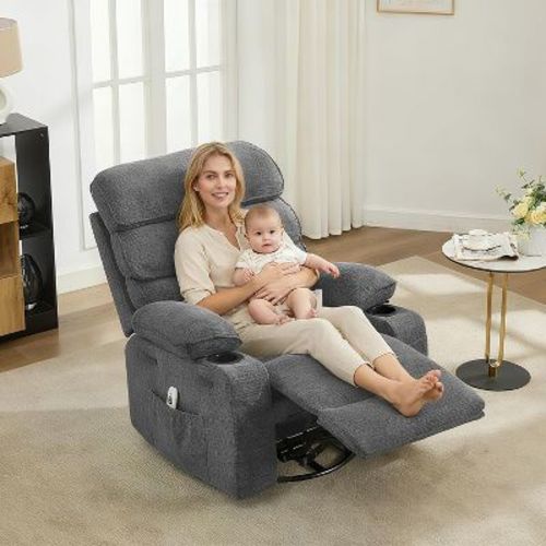 Massage Rocker Recliner with Heating,360° Swivel Glider Recliner Chairs for Adults, Linen Nursery Chair with Side Pocket, Two Cup Holders