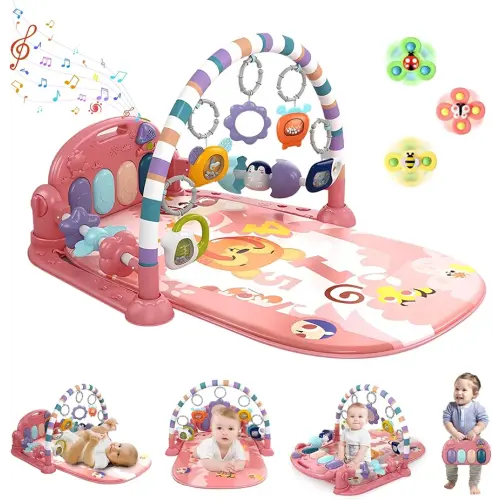 Baby Gym Play Mat, Baby Piano Mat Kick and Play Lights and Music Tummy Time Toys Infant Musical Activity Gym Mat for Visual, Hearing, Sensory, Motor Development Gift for Babies Newborn 0-3-6-12 Months