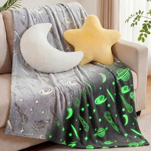 Novabright Set of 3 Space Celestial Pillows and Blanket 16 Inch Star Moon Shaped Pillow 51 x 59 Inch Glow in The Dark Blanket Outer Space Bedroom Home Decor Gift for Boys Girls Birthday Baby Shower