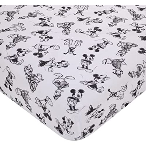 Disney Mickey Mouse - Charcoal, Black and White Mickey and Friends, Minnie Mouse, Donald Duck and Pluto Nursery Polyester Fitted Crib Sheet