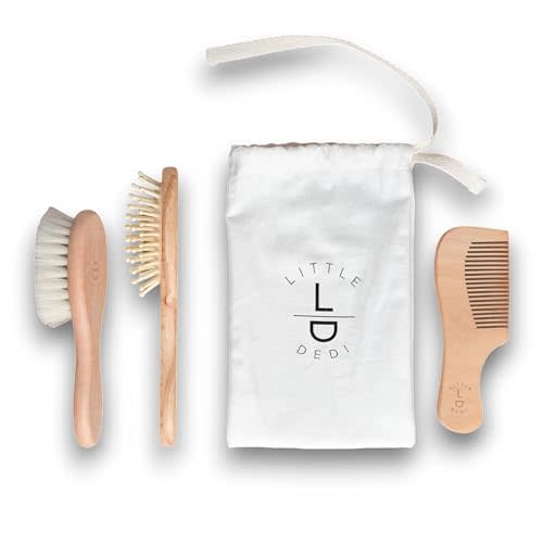 Little Dedi Premium Baby Hair Brush Set – Natural Goat Hair & Bamboo Bristle Brushes, Beechwood Comb, Cotton Pouch – Gentle Scalp Care for Newborns & Toddlers, Gift-Ready & Eco-Friendly