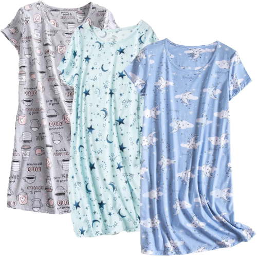 DAKIMOE 3 pack Nightgowns for Women Soft Cotton Short Sleeve Night Shirts Womens Print Sleep Shirts Loose Comfy Pajamas Sleepwear