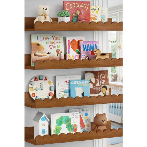 Dovecove Nursery Floating Book Shelves Set Of 4, Scalloped Wooden Wall Shelves, Walnut Brown | Wayfair