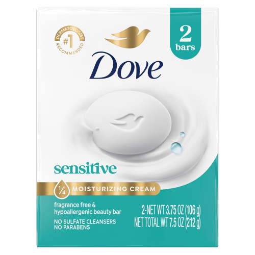 Dove Beauty Bar Soap For Sensitive Skin, Sensitive, Fragrance Free And Hypoallergenic, 3.75 oz 2 Bars