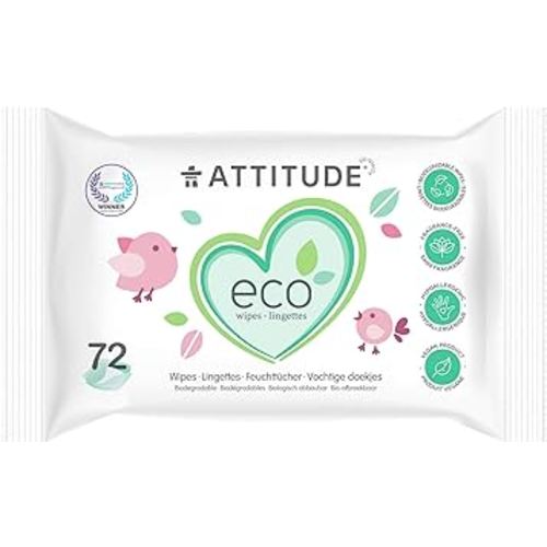 ATTITUDE Biodegradable Baby Wipes, Plant Based Unscented Diaper Wipes for Babies and Newborn, Dermatologically Tested, Vegan, 72 Count