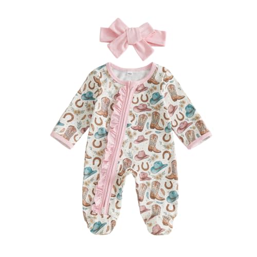 Kupretty Newborn Baby Girl Footies Ruffle Zipper Footed Romper | Coming Home Outfit, Long Sleeve Footed Jumpsuit, Western Flower Bow Print Ruffled Zip Up Front, Going Home Hospital Outfit