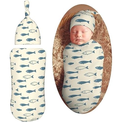 Blue Fish Pattern Newborn Swaddle Blankets Hat Sets Soft Baby Receiving Blanket Swaddle Sack for Baby Shower Infant Boy Girl Gift