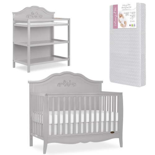 Slumber Baby Nursery Essentials Bundle Jasmine 4 in 1 Convertible Crib, Slumber Baby Jasmine Changing Table, with a Dream On Me Honeycomb Orthopedic Firm Fiber Standard Crib Mattress In Platinum