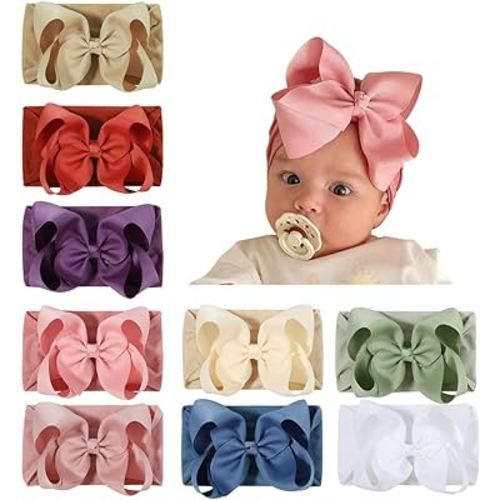 JIAHANG Grosgrain Ribbon Bow Nylon Headbands, 5.3 Inches Hair Bow Soft Turban Headwrap 9Pcs for Baby Girls Newborns Infants Toddlers (40KF-ribbon flower)
