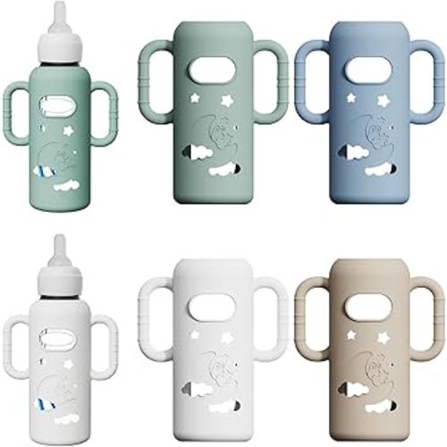 4 Pack Silicone Sleeves for Dr. Brown's Glass Bottles - Drop Protection Bottle Sleeves,Compatible with Dr. Brown's Newborn Glass Bottles,with Silicone Handles,8 oz