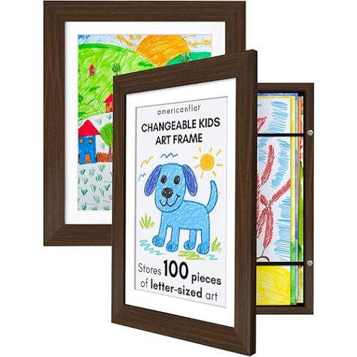 Americanflat - 2 Pack - Kids Artwork Frame Changeable (Walnut) - Magnetic Door Holds 100 Art Pieces - 8.5x11 Letter Size Display with Mat or 10x12.5 Without Mat - My Mini Masterpiece
