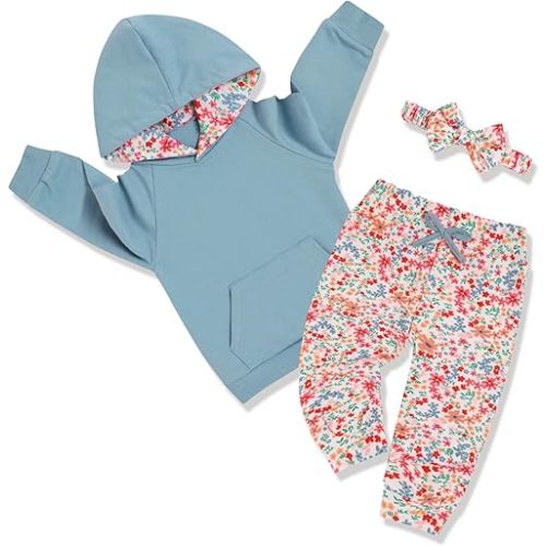 oklady Baby Girl Clothes,Hoodie Tops Floral Pant with Cute Headband Baby Girl Fall Outfits