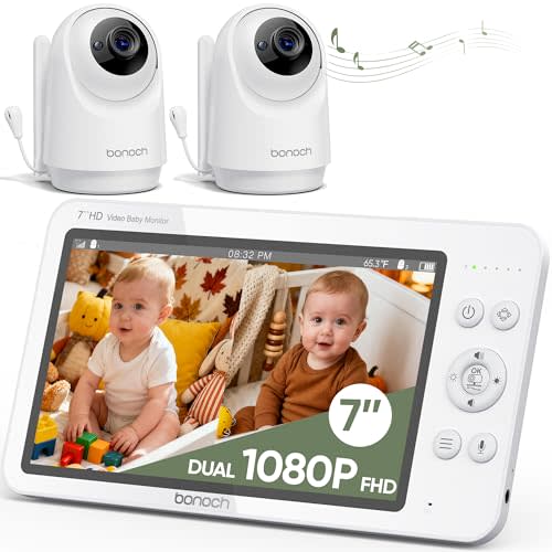 bonoch 1080P Baby Monitor with 2 Cameras (V1.0), 7" MegaView Split Screen Baby Monitor No WiFi, Dual Video Monitor with Camera and Audio, 6000mAh, White Noise, PTZ, Night Vision, 2 Way Audio