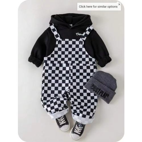 SHEIN 2pcs Baby Boy/Girl Black And White Checkered Autumn Outfit,Street Life Casual Graphic Street Fashion Matching Family Bear Knit Hoodie & Pants Set | SHEIN USA