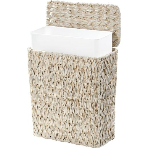 Wicker Trash Can with Lid and Liner,Boho Decotative Small Bathroom Trash Cans,Waterproof Slim Waste Basket for Bedroom,Home Office,3 Gallon