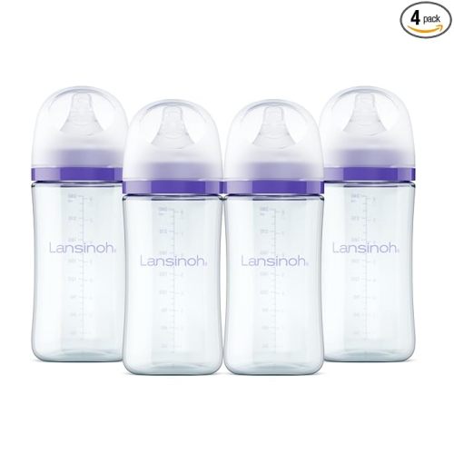 Lansinoh Anti-Colic Glass Baby Bottles, 8 Ounces, 4 Count Bottles for Feeding, Baby Essentials, Includes 4 Medium Flow Nipples, Size M