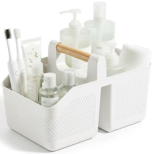 Plastic Shower Caddy Portable Shower Basket with Bamboo Handle, White | Cleaning Caddy Organizer Storage Tote for Bathroom, College Dorm Essentials, Bath Toy Storage