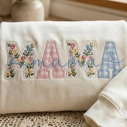 Retro Floral Mama Embroidered Sweatshirt, Preppy Mama Crewneck, Gingham Applique Sweatshirt, Coquette Boho Floral Shirt For Mom