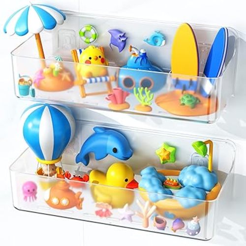 Nieifi Bath Toy Storage Holder, Bathtub Toy Storage, Large Capacity Bath Toy Organizer, Adhesive Shower Caddy for Bathroom, Clear (2 large)