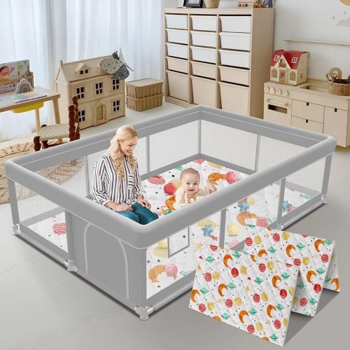 74x50 Inch Baby Playpen with Mat, Playpen with Cute Mat for Babies and Toddlers Play Pen Playards Safety Gate Fence Active Center Indoor