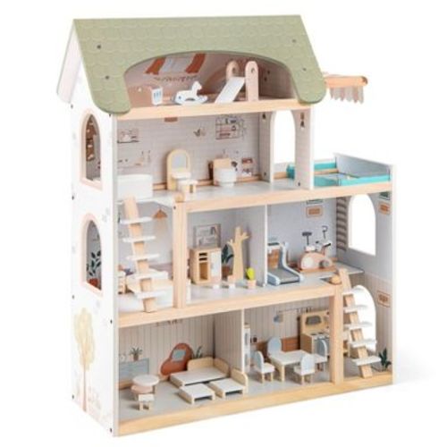 Costway Kids Wooden Dollhouse 4-Story Modern Doll House with 33Pcs Furniture Accessories