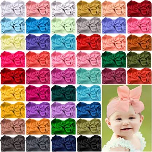 Hoteam 50 Pcs Baby Girls Large Bows Headbands 6.3 Inch Soft Wide Turban Baby Headbands Elastic Nylon Hairbands Hair Accessories for Infants Newborns Infants Toddlers Kids