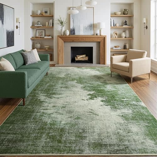 Washable 6x9 Area Rugs for Living Room, Large Modern Abstract Soft Low Pile Rug, Non-Slip Stain Resistant Indoor Floor Carpet for Kids Nursery Dorm Bedroom Office Home Decor, Green
