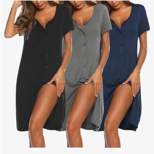Ekouaer 3 Pack Women's Button Down Nightgowns Short Sleeve Night Shirts for Women Sleepwear V Neck Sleep Dress