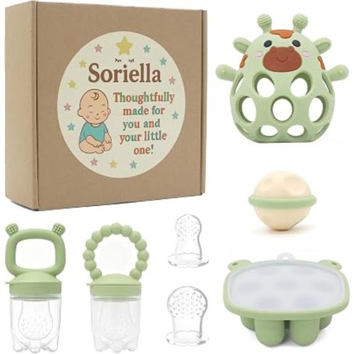 Soriella Baby Feeder & Teether Set, 5-Piece Silicone Self-Feeding and Teething Relief Kit for Babies 3+ Months, with Freezer Tray, BPA-Free (Meadow Mist)