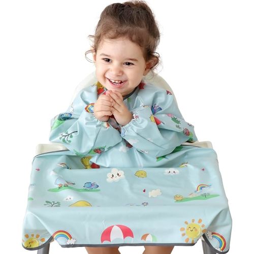 Weaning Bib & BLW Attaches and Fully Cover to Baby Highchair, Long Sleeves Bib with Waterproof, Comfortable,Machine Washable, Suitable for Baby Infant -Grey