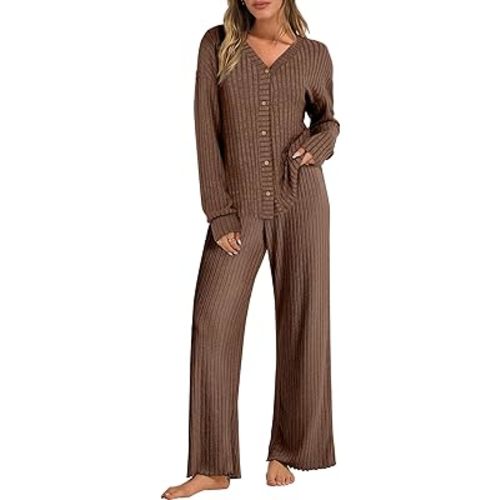 ANRABESS Women's 2 Piece Lounge Pajama Sets Ribbed Long Sleeve Button Top Matching Pants Sleepwear PJ Set 2025 Fall Outfits