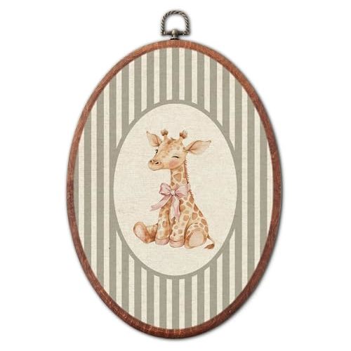 Vintage Bow Giraffe Nursery Oval Wall Art, Grey Striped Canvas Print Framed | retro decor wall art hanging decor for bedroom kids toddler room playroom decoration, 8.6x11.4 inch