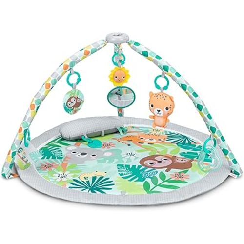 Bright Starts Wild Rainforest Foldaway Activity Gym with Carry Bag for Storage & Travel, Blue Green Jungle Play Gym, Newborns & Up