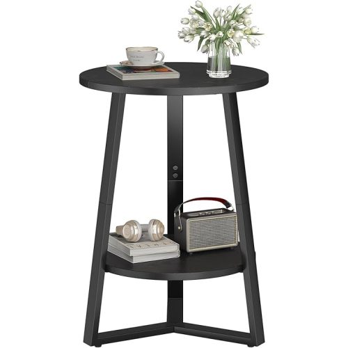 sthmec Small Round End Table, 2 Tier Side Table with Storage Shlef,Coffee Table Wooden Tabletop & Metal Frame,Round Accent Table Small Nightstands Couch Tables for Bedroom,Livingroom, Black