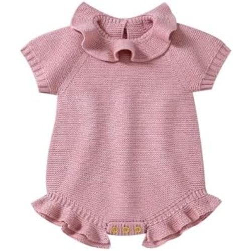 Baby Girl Sweater Knit Romper Short Sleeve Ruffle Collar Newborn Bodysuit, Soft Onesie Outfit for Infant Girls