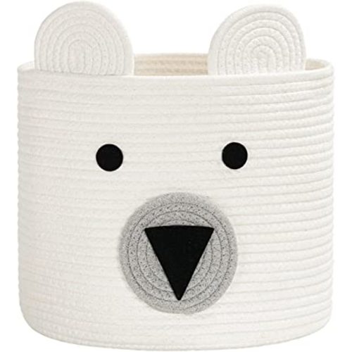 CherryNow Bear Basket, Cotton Rope Basket, Woven Laundry Hamper, Toy Storage Bin for Kids, Clothes in Bedroom, Baby Nursery & Living Room, 10'' (H) x 12'' (D)