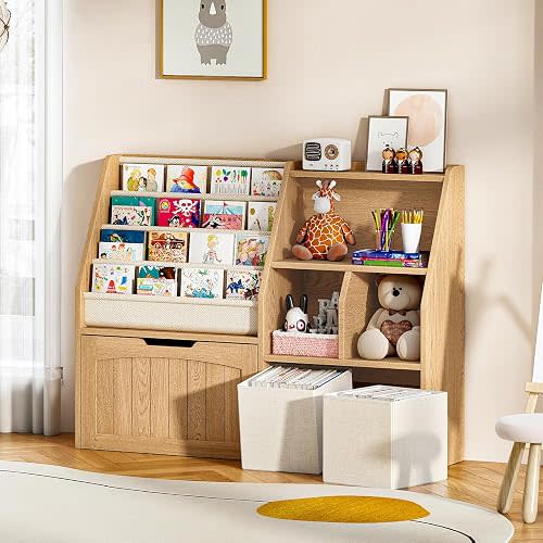 CHOEZON Kids Bookshelf, Children's Bookcase with 4 Sling Book Shelves, Toy Storage Cubby, Fabric Storage Baskets, Wooden Book Shelf for Kids' Room, Playroom, Nursery, Natural and White MCW17NL
