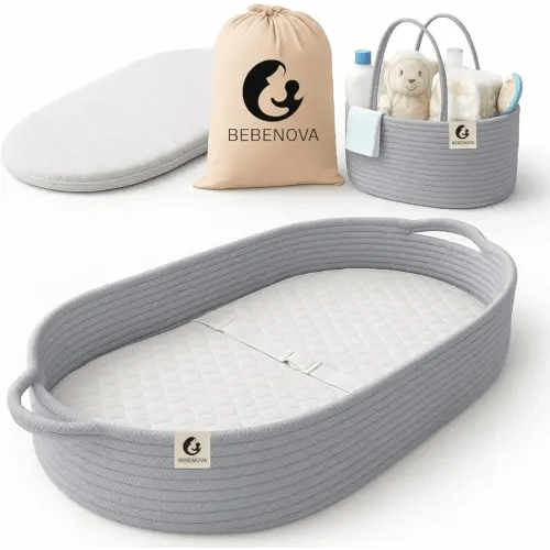 BEBENOVA Baby Changing Basket with 02 Waterproof Pad Covers & Baby Changing Pad, Diaper Basket, & Cotton Bag, Portable Changing Table Topper, Moses Baskets for Newborn, Cotton Rope
