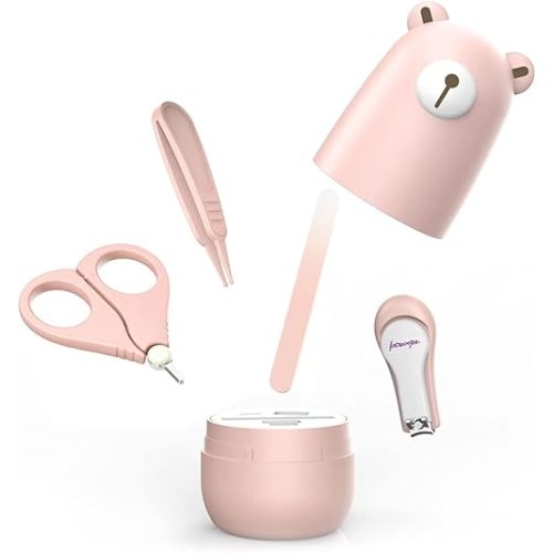 Juego de cortaúñas para bebé, kit de uñas para bebé con bonito estuche, manicura infantil y pedicura para cuidado de la salud para recién nacidos, niños y nuevos padres como regalo de ducha (oso rosa)