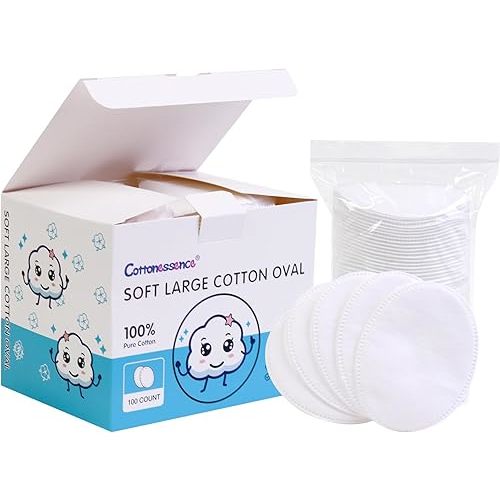 Cottonessence Oval Cotton Pads (100-Count)- 100% Pure Cotton, Gentle Enough for Babies, Soft Texture, Large Size, Lint-Free, Double Sided, Hypoallergenic, Use Wet or Dry