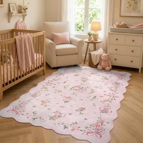 Wonnitar Pink Bow Floral Rug for Bedroom, Washable 5x7 Area Rug for Nursery