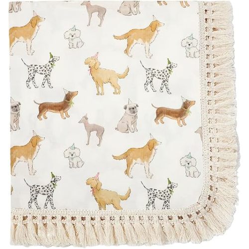 insular Cotton Muslin Baby Blanket with Tassel, Boho Bohemian Muslin Swaddle Blanket Baby Receiving Blanket with Fringe, Nursery Decor Throw or Nursing Blankets, 47" x40”, Party Dogs