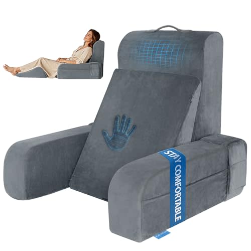 Kayfia Reading Pillow, 10 in 1 Back Pillow for Bed Sitting up with Detachable Arms Rest, Back Rest with Gel Memory Foam, Reading/Gaming/Working in Bed or Couch 19", Gray
